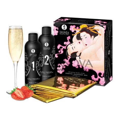 Основное фото Набор для массажа Oriental Body Slide Erotic Massage Gel клубника и шампанское 500 мл