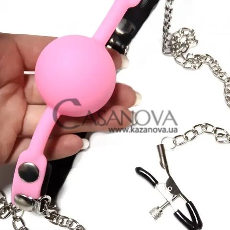 Основное фото Кляп с зажимами на соски DS Fetish Locking Gag With Nipple Clamps розовый
