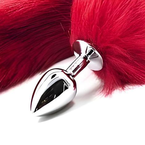 Основне фото Анальна пробка S Faux Fur Fox Tail Red Polyester срібляста з червоним хвостом 7 см