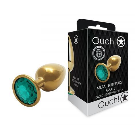 Основное фото Металлическая анальная пробка Ouch! Round Gem S золотистая с зелёным кристаллом 7 см