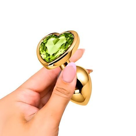 Основное фото Анальная пробка EGZO Gold Heart Plug M золотистая с салатовым кристаллом 8,2 см