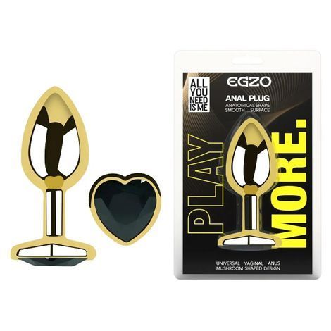 Основное фото Анальная пробка EGZO Gold Heart Plug M золотистая с чёрным кристаллом 8,2 см