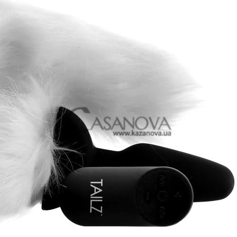 Основное фото Анальная пробка с вибрацией Xr Brands Tailz Vibrating Anal Plug With Fox Tail чёрная с белым хвостом 10,5 см