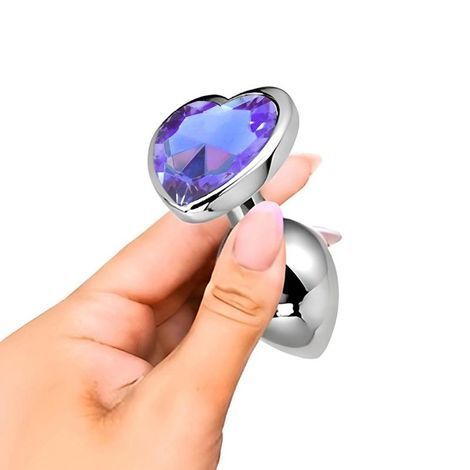 Основное фото Анальная пробка EGZO Silver Heart Plug M серебристая с сиреневым кристаллом 8,2 см