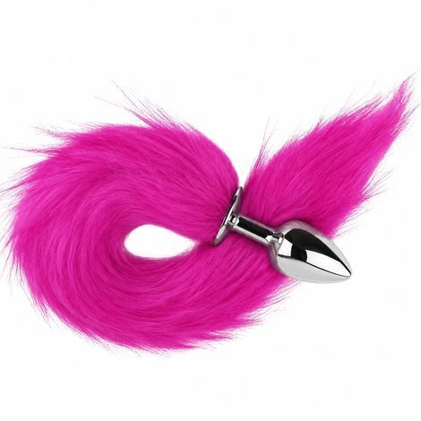 Основне фото Анальна пробка EGZO Fox Tail Silver Plug S срібляста з довгим малиновим хвостом 46 см