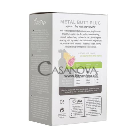 Основне фото Анальна пробка EasyToys Metal Butt Plug срібляста з білим кристалом 8,3 см