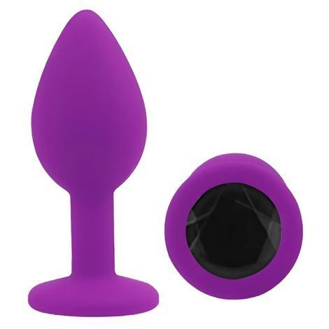 Основное фото Силиконовая анальная пробка EGZO Silicone Purple Round Plug S фиолетовая с чёрным кристаллом 7 см