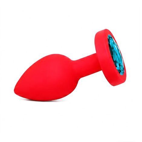 Основное фото Силиконовая анальная пробка EGZO Silicone Red Round Plug S красная с бирюзовым кристаллом 7 см