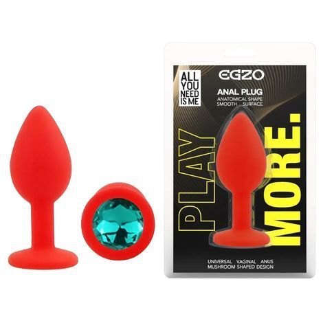 Основное фото Силиконовая анальная пробка EGZO Silicone Red Round Plug S красная с бирюзовым кристаллом 7 см