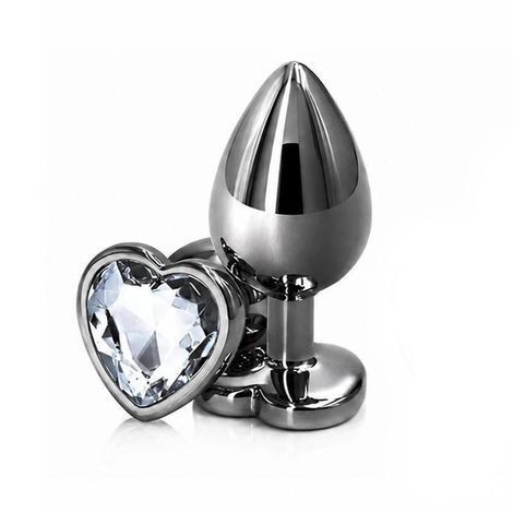 Основне фото Анальна пробка EGZO Dark Silver Heart Plug M срібляста з прозорим кристалом 8,2 см