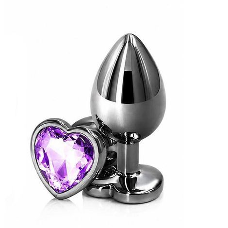 Основне фото Анальна пробка EGZO Dark Silver Heart Plug M срібляста з бузковим кристалом 8,2 см