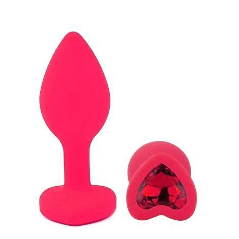 Основне фото Силіконова анальна пробка EGZO Silicone Pink Heart Plug S рожева з червоним кристалом 7,1 см