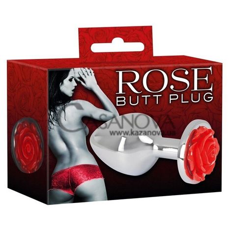 Основное фото Анальная пробка с розой Rose Butt Plug серебристая с красным 9 см