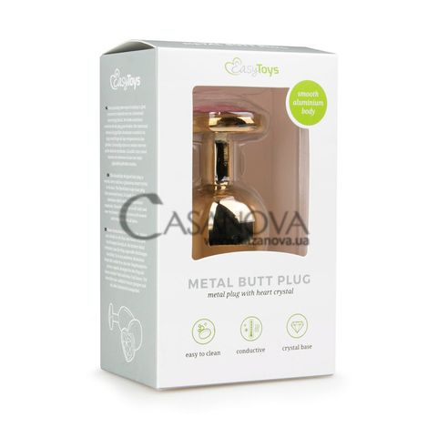 Основне фото Анальна пробка EasyToys Metal Butt Plug With Heart Crystal золотиста з рожевим кристалом 9,6 см