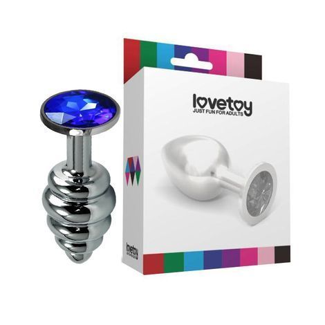 Основное фото Анальная пробка с камнем LoveToy Rosebud Spiral Metal Plug серебристая с синим 6,9 см
