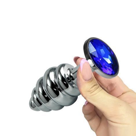 Основное фото Анальная пробка с камнем LoveToy Rosebud Spiral Metal Plug серебристая с синим 6,9 см