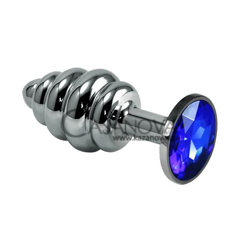 Основне фото Анальна пробка з каменем LoveToy Rosebud Spiral Metal Plug срібляста із синім 6,9 см