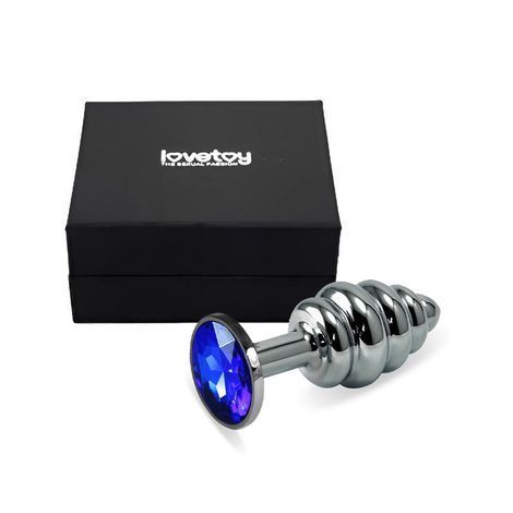 Основное фото Анальная пробка с камнем LoveToy Rosebud Spiral Metal Plug серебристая с синим 6,9 см