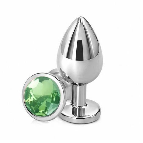 Основное фото Анальная пробка EGZO Silver Round Plug M серебристая с зелёным кристаллом 8,2 см