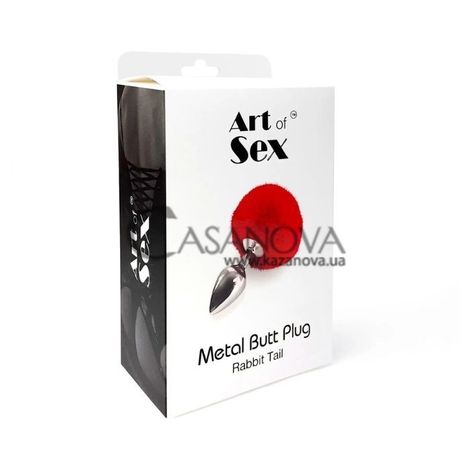 Основне фото Анальна пробка з хвостом Art Of Sex Metal Butt Plug Rabbit Tail M срібляста з червоним 7,2 см