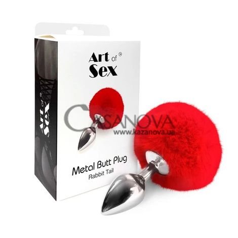Основне фото Анальна пробка з хвостом Art Of Sex Metal Butt Plug Rabbit Tail M срібляста з червоним 7,2 см