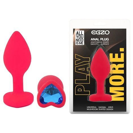 Основное фото Силиконовая анальная пробка EGZO Silicone Pink Heart Plug S розовая с синим кристаллом 7,1 см