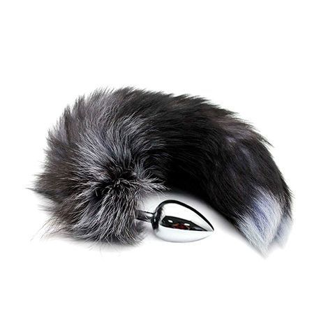 Основне фото Анальна пробка Alive BDSM Line Black And White Fox Tail L срібляста з чорним хвостом 9 см