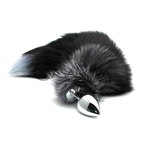 Основне фото Анальна пробка Alive BDSM Line Black & White Fox Tail M срібляста з чорним хвостом 8 см