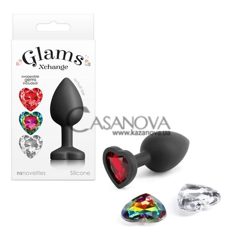Основное фото Анальная пробка NS Novelties Glams Xchange Heart Small чёрная со съёмными камнями 7,2 см
