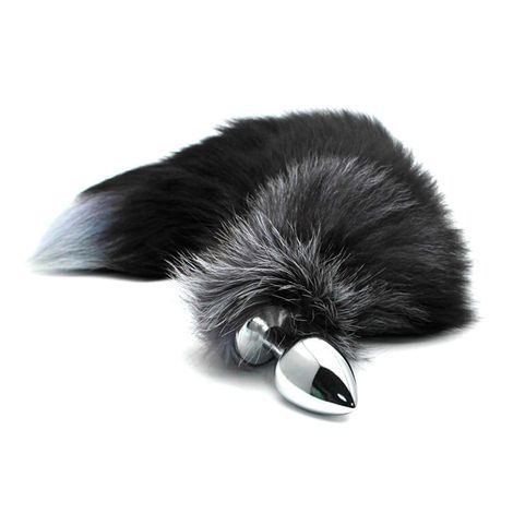 Основне фото Анальна пробка Alive BDSM Line Black And White Fox Tail S срібляста з чорним хвостом 7 см