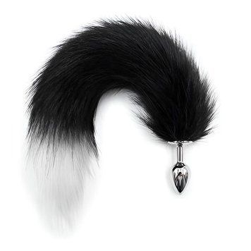 Основне фото Анальна пробка S Faux Fur Fox Tail Polyester срібляста з чорно-білим хвостом 7 см