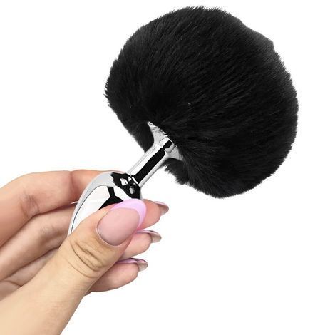 Основне фото Анальна пробка EGZO Bunny Tail Silver S срібляста з чорним хвостом 13,3 см