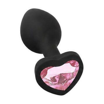 Основне фото Силіконова анальна пробка EGZO Silicone Black Heart Plug S чорна з рожевим кристалом 7,1 см