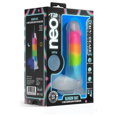 Основное фото Светящийся в темноте фаллоимитатор Blush Neo Elite Rainbow Rave разноцветный 16,5 см