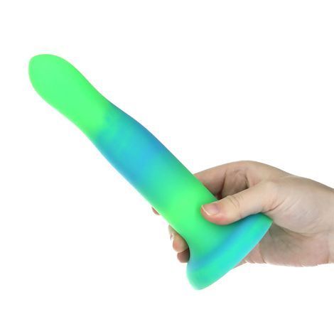 Основное фото Светящийся фаллоимитатор на присоске с вибропулей Addiction Rave 8" Silicone Toy Collection голубой с зелёным 20,3 см