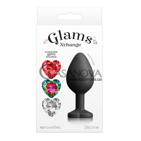 Основное фото Анальная пробка NS Novelties Glams Xchange Heart Medium чёрная со сменными камнями 8,1 см