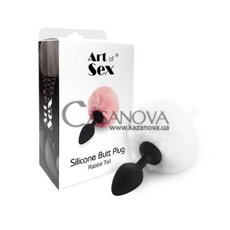 Основне фото Анальна пробка з хвостом Art Of Sex Silicone Butt Plug Rabbit Tail M чорна з білим 7,4 см