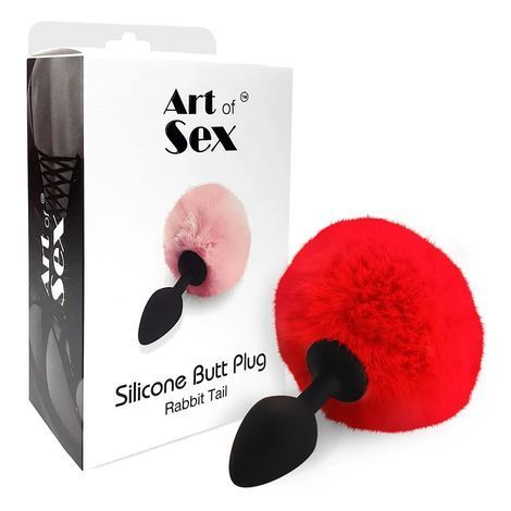 Основное фото Анальная пробка с хвостом Art Of Sex Silicone Butt Plug Rabbit Tail M чёрная с красным 7,4 см