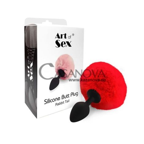Основне фото Анальна пробка з хвостом Art Of Sex Silicone Butt Plug Rabbit Tail M чорна з червоним 7,4 см