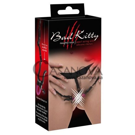 Основне фото Стрінги із затискачами для статевих губ Bad Kitty Naughty Toys Pearl String with Silicone Clamps чорно-бузкові