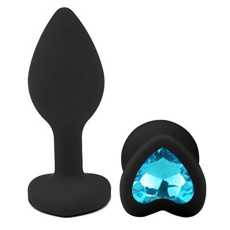 Основне фото Силіконова анальна пробка EGZO Silicone Black Heart Plug S чорна з блакитним кристалом 7,1 см