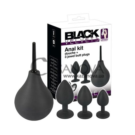 Основное фото Набор для анального секса You2Toys Black Velvets Anal Kit Douche + 3 Jewel Butt Plugs чёрный с прозрачным кристаллом