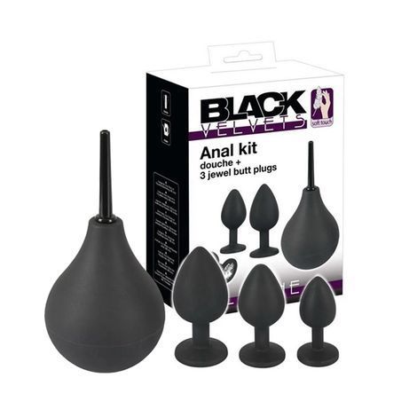 Основне фото Набір для анального сексу You2Toys Black Velvets Anal Kit Douche + 3 Jewel Butt Plugs чорний з прозорим кристалом