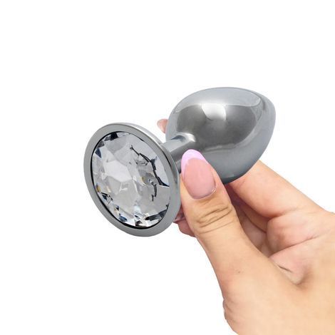 Основное фото Металлическая анальная пробка Ouch! Round Gem S серебристая с прозрачным кристаллом 7 см