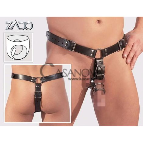 Основное фото Трусы с фаллоимитатором и кольцом на пенис Zado 20101271160 Men's Leather String чёрные