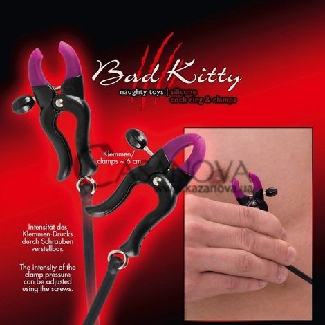 Основное фото Зажимы для сосков с эрекционным кольцом Bad Kitty Silicone Cock Ring And Clamps чёрные