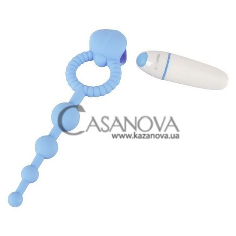 Основное фото Эрекционное виброкольцо с анальной цепочкой PlayCandi Blow Pop бело-голубое 16 см